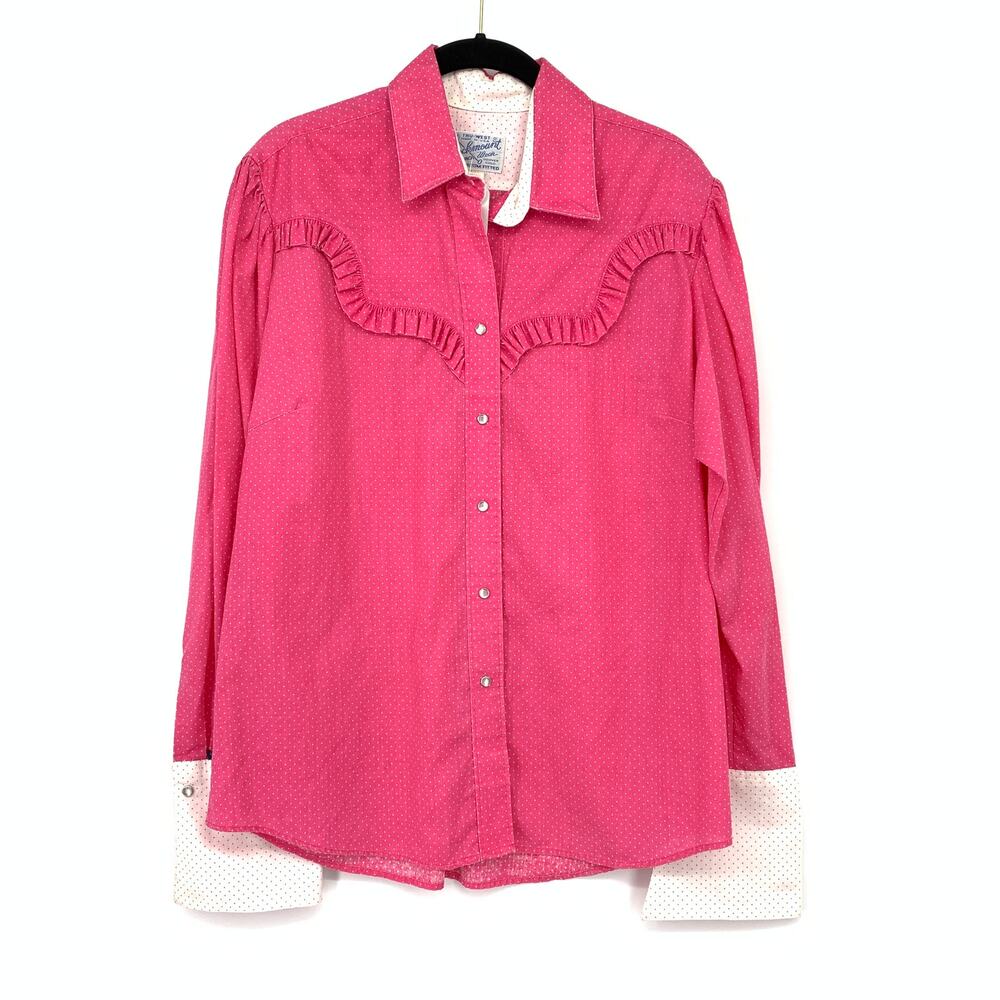 Vintage Rockmount Ranch Wear Pink Polka Dot Ruffle Western Shirt Women Size L